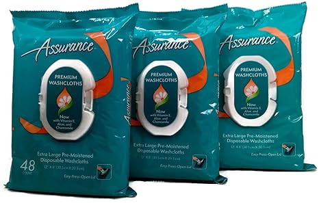 Assurance Premium Pre-moistened Disposable Washcloths, Extra Large, 48ct, Multipack of 3 (144 Wipes Total)