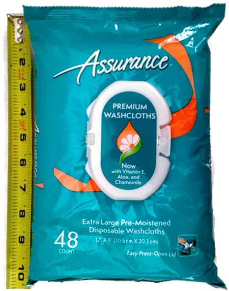 Assurance Premium Pre-moistened Disposable Washcloths, Extra Large, 48ct, Multipack of 3 (144 Wipes Total)