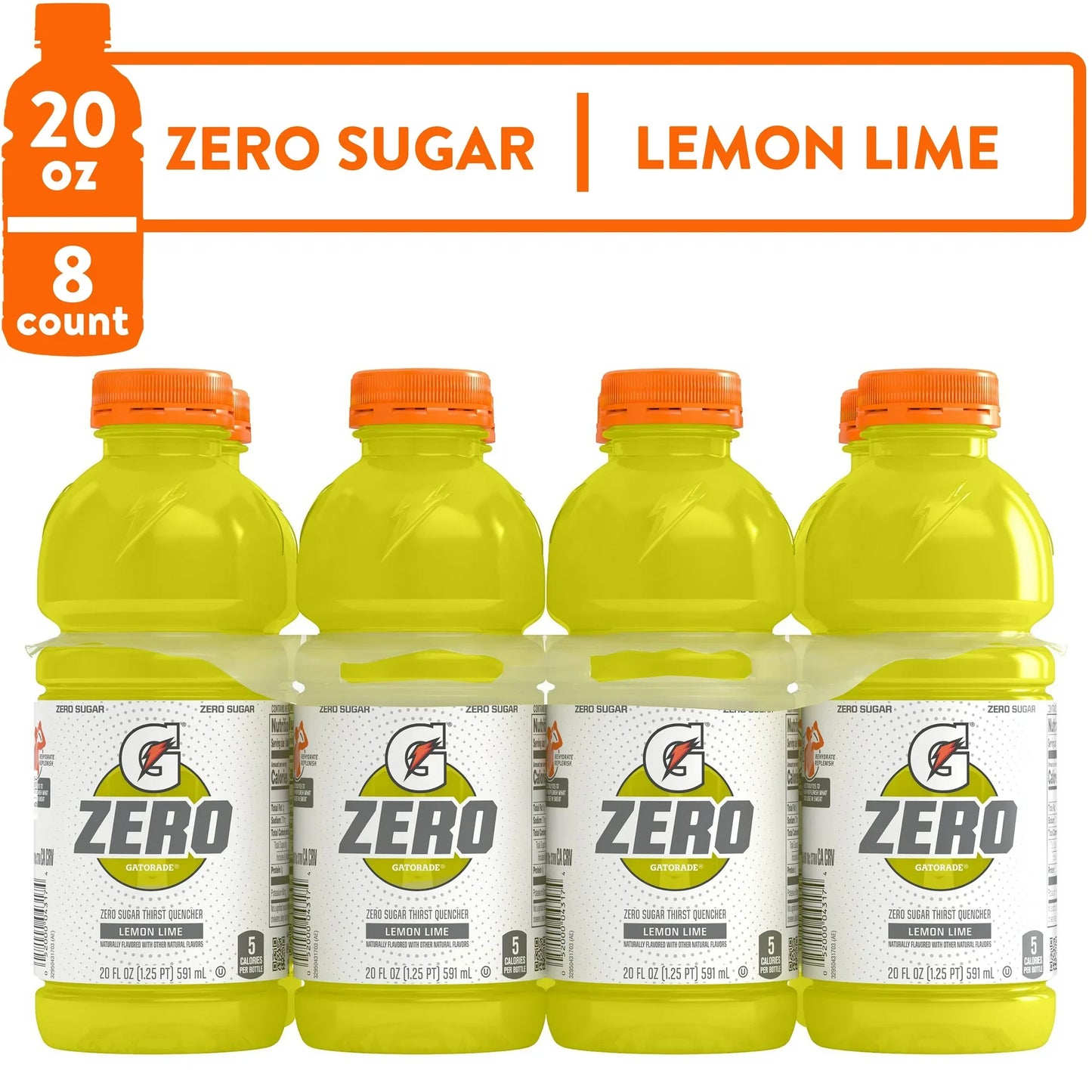 Gatorade Zero Sugar Thirst Quencher, Lemon Lime Sports Drinks, 20 fl oz, 8 Count Bottles